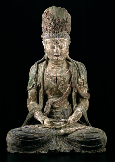Stor sittende bodhisattva i meditasjon, Jin-dynastiet (1115-1234) (tre og pigment) (se 206545) av Chinese School