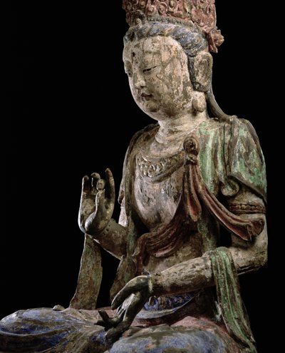 Stor sittende bodhisattva med løftede hender, Jin-dynastiet (1115-1234) (tre og pigment) (detalj) (se 206546) av Chinese School