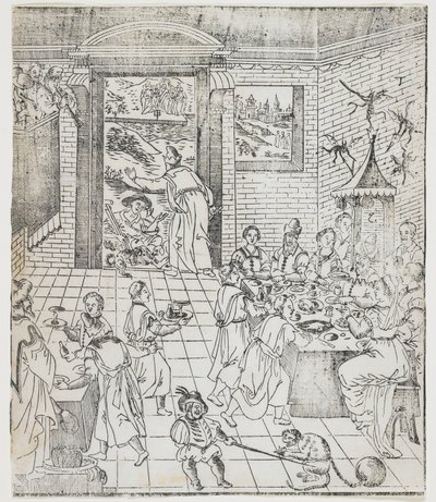 Lazarus at the House of the Rich Man, tallerken fra Giulio Alenis Tianzhu jiangsheng zhuxiang jingjie (En illustrert historie om himmelens Herre som ble inkarnert i kjødet), Jinjiang kirke, Fu av Chinese School