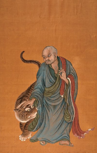 Lohan med tiger, slutten av 1700- til begynnelsen av 1800-tallet (farge på silke) av Chinese School