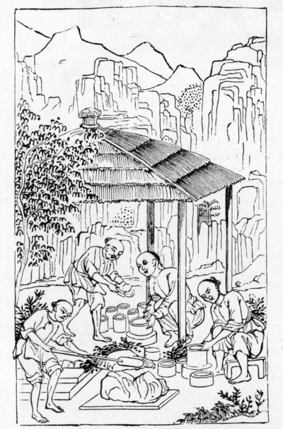 Lage grove leirekasser for å holde porselen mens den er i ovnen, fra en serie illustrasjoner av produksjonen av porselen (se 384116 og 384117 for hele serien) av Chinese School