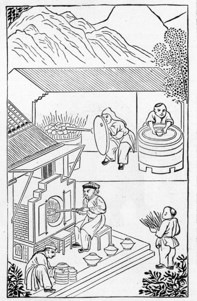 Åpning og lukking av ovner, fra en serie illustrasjoner om fremstilling av porselen (se 384116 og 384117 for hele serien) av Chinese School