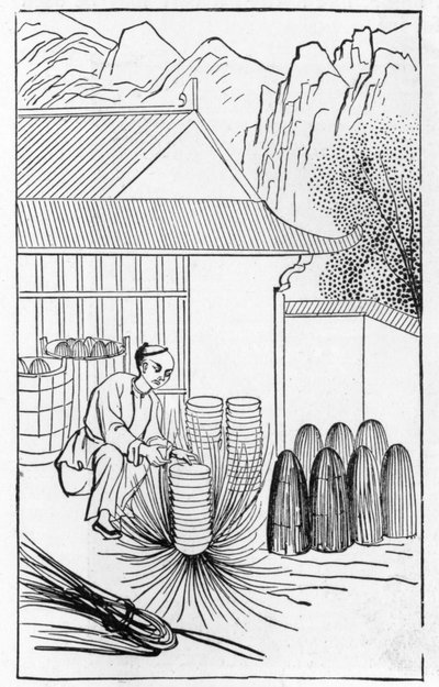 Pakking av porselen, fra en serie illustrasjoner om fremstilling av porselen (se 384116 og 384117 for hele serien) av Chinese School