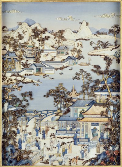 Paneler som viser figurer på en terrasse, Qianlong-periode, 1736-95 (polykrom elfenben) (en av et par) (se 206571, 206573) av Chinese School