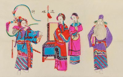 Trykk av en kinesisk operascene (fargetre på papir) av Chinese School
