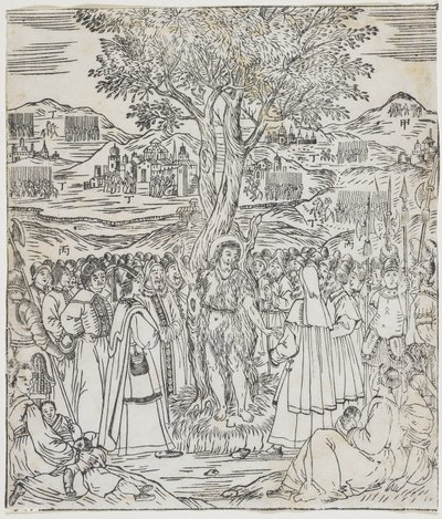 Døperen Johannes forkynner, tallerken fra Giulio Alenis Tianzhu jiangsheng zhuxiang jingjie (En illustrert historie om himmelens Herre som ble inkarnert i kjødet), Jinjiang kirke, Fujian av Chinese School