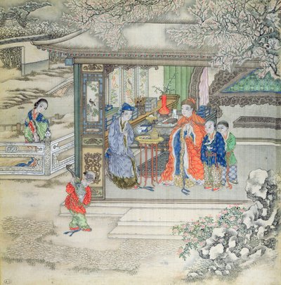 Scene i en hage med en familie som tar imot besøkende (gouache på silke) av Chinese School