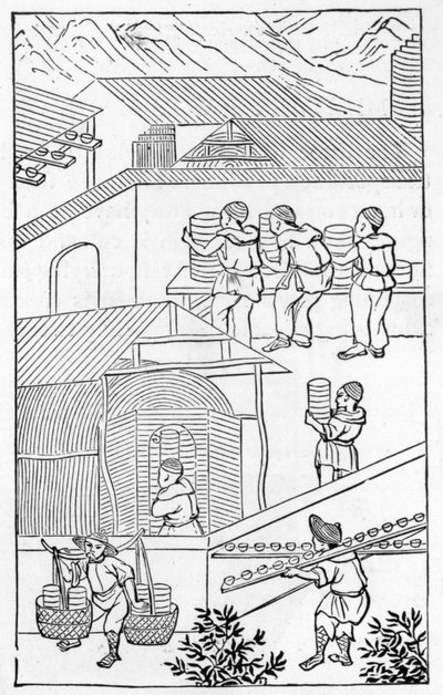Scene med aktiviteter i en Kina-fabrikk, fra en serie illustrasjoner om produksjon av Kina (se 384116 og 384117 for hele serien) av Chinese School