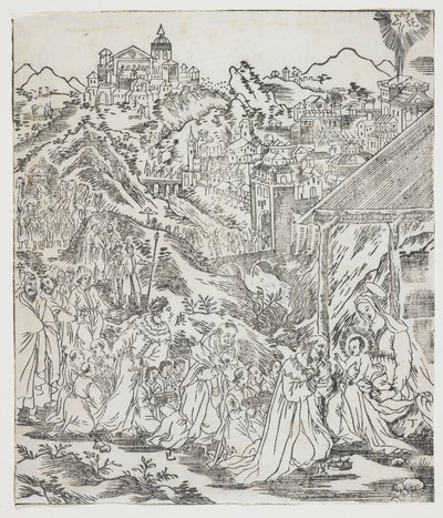 The Adoration of Christ, tallerken fra Giulio Alenis Tianzhu jiangsheng zhuxiang jingjie (En illustrert historie om himmelens Herre som ble inkarnert i kjødet), Jinjiang kirke, Fujian-provinsen av Chinese School