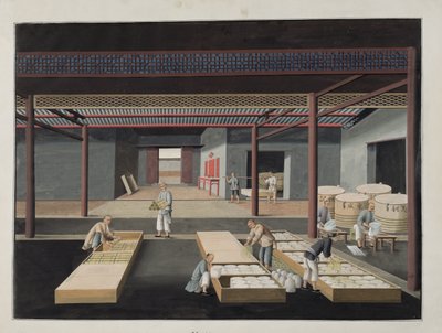 The Crating and Packing of Bowls and Dishes, plate 12 i en serie på tolv som viser prosessen med kinesisk porselenproduksjon, 1800-tallet av Chinese School