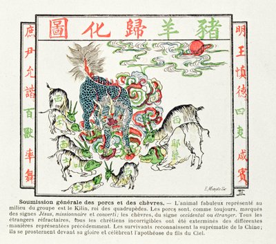 Kilin blir tilbedt av griser og geiter som har innsett kristendommens feil og anerkjenner Kinas overherredømme, 1891 av Chinese School