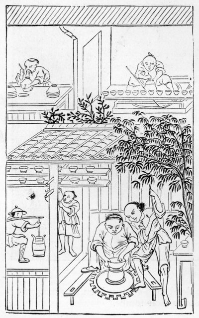 Dreieservanter, fra en serie illustrasjoner om fremstilling av porselen (se 384116 og 384117 for hele serien) av Chinese School