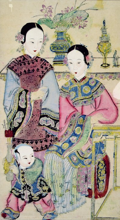 To kvinner med et barn, Yangliuqing (farget treblokktrykk) av Chinese School