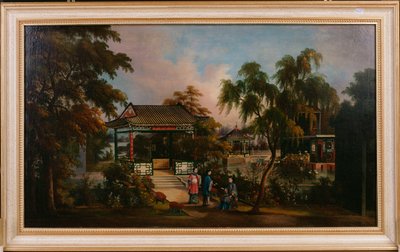 Utsikt over Howquas hage i Canton with Ladies by a Pavilion, ca. 1850 av Chinese School