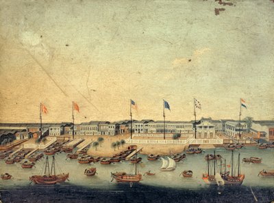 Utsikt over Hongs i Canton med de danske, østerrikske, amerikanske, svenske, britiske og nederlandske fabrikkene (olje på kobber) av Chinese School
