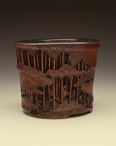 Stor børstekrukke med de syv vismenn fra bambuslunden på deres litterære sysler i en bambusskog, Kang-hsi-perioden (1662-1722), Ching-dynastiet (utskåret bambus) av Chinese School Chinese School