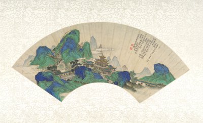 Palaces of the Immortals, sammenleggbar vifte montert som et albumblad, 1753 (blekk, farge og gull på papir) av Chinese School Chinese School
