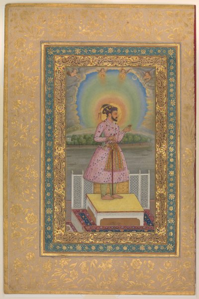 Shah Jahan på en terrasse, holder et anheng med sitt portrett, folio fra Shah Jahan-albumet, recto: 1627–28 av Chitarman