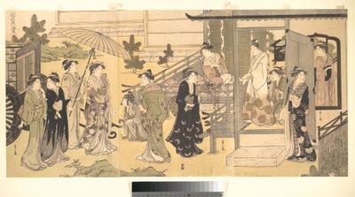 En forkledd scene fra Fortellingen om Genji (Fūryū Yatsushi Genji), kapittel 33, «Blåregnblader (Fuji no uraba)» av Chobunsai Eishi
