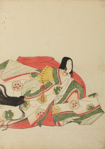 Sittende hoffdame med en gul vifte, plansje fra albumet: Nishiki-zuri onna sanju rokkasen e-zukushi av Chobunsai Eishi