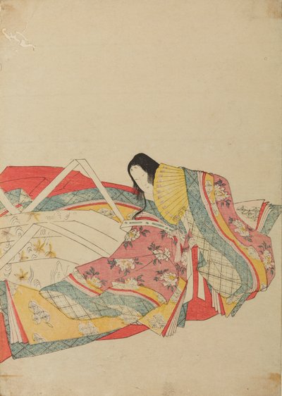 Sittende hoffdame med gul vifte, plansje fra albumet: Trettiseks kvinnelige poeter / Nishiki-zuri onna sanju rokkasen e-zukushi av Chobunsai Eishi