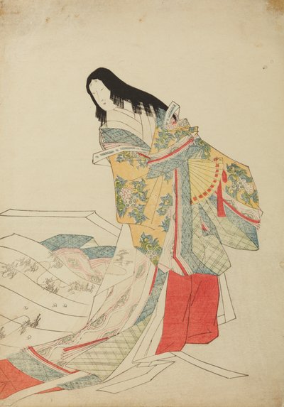 Stående hoffdame med vifte, plate fra albumet: Nishiki-zuri onna sanju e-zukushi av Chobunsai Eishi