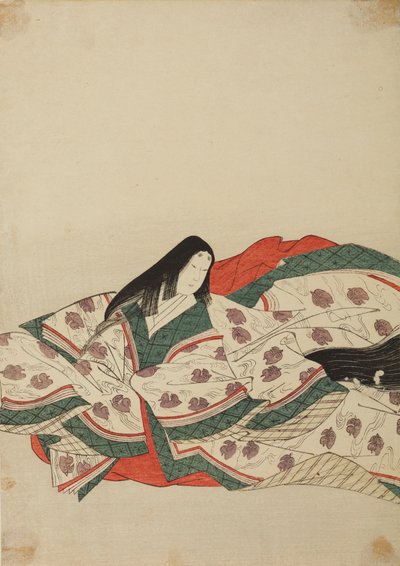 Hoffdame i hvit kimono med et mønster av andunger på vannet, tavle fra albumet: Nishiki-zuri onna sanju rokkasen e-zukushi av Chobunsai Eishi