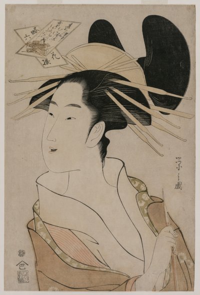 Portrett av en kurtisan som holder et rør ..., midten av 1790-tallet. av Chobunsai Eishi