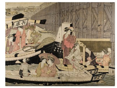 Scene fra Sumida-elven (fra en pentaptych) av Chobunsai Eishi