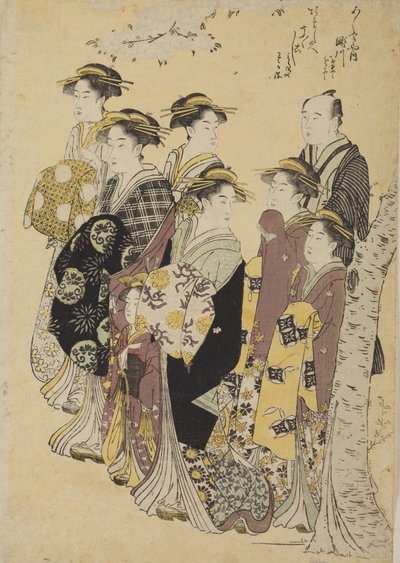 Seks oiran på spasertur med en jente og en mann av Chobunsai Eishi