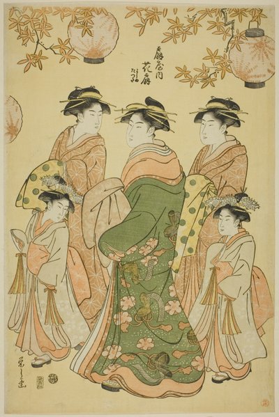 Kurtisanen Hanaogi fra Ogiya, med barnepasserne Yoshino og Tatsuta av Chobunsai Eishi