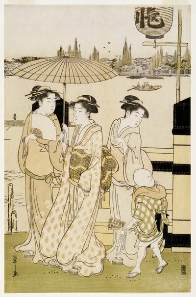 Tre kvinner og en gutt langs Sumida-elven, 1788-89 (treblokktrykk) av Chobunsai Eishi