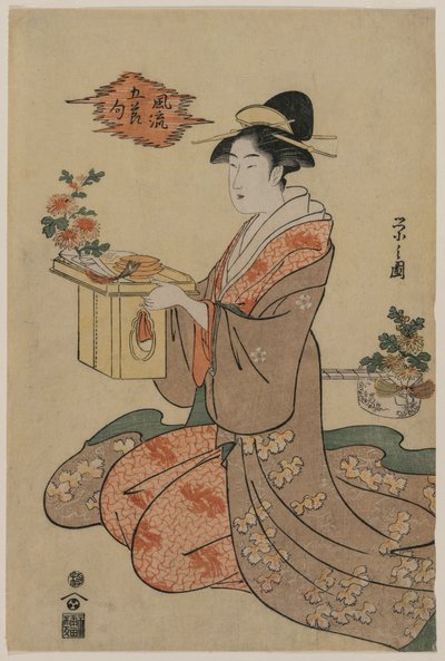 Kvinne holder et koppstativ av tre dekorert med krysantemum (fra serien Elegant Pictures of the Five Seasonal Festivals) av Chobunsai Eishi