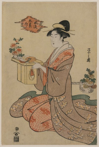 Kvinne holder et koppstativ av tre dekorert med krysantemum..., midten av 1790-tallet. av Chobunsai Eishi