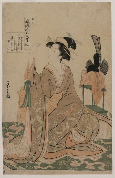 Ung kvinne som kneler ved et stativ med en seremoniell hette ..., midten av 1790-tallet. av Chobunsai Eishi