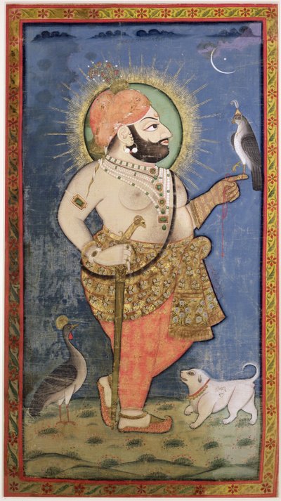 Maharana Bhim Singh av Mewar med en hauk, Udaipur (Mewar) Rajasthan, ca. 1805 (gouache med gull på tøy) av Chokha