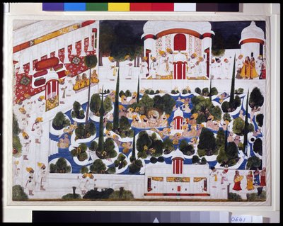Maharana Bhim Singh boltrer seg med adelsmenn i palassbassenget av Chokha Chokha