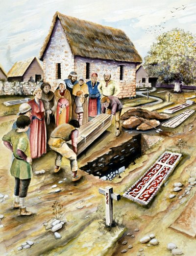Vikingbegravelse i en kirkegård, York, Yorkshire, 1000-tallet c2000 av Chris Evans