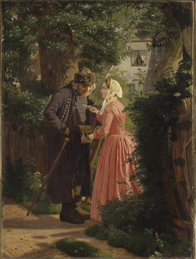 En ung jente ber landsbyens gamle postbud levere et brev av Christen Dalsgaard