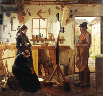 To kvinner besøker landsbykunstneren for å se det bestilte gravkorset av Christen Dalsgaard
