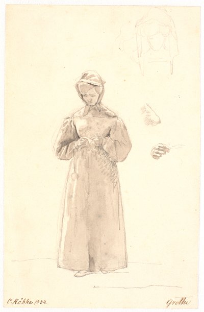 Studie av kunstnerens søster Cecilie Margrethe, h. to skisser av hodet hennes samt skisser av nakken og skulderen og av høyre hånd av Christen Købke