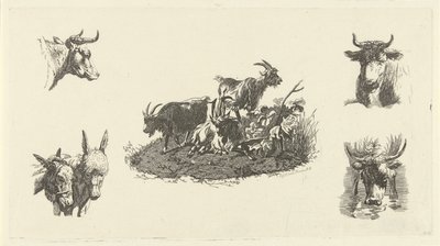 Tre geiter med kuhoder og eselhoder på hver side av Christiaan Godfried Schutze van Houten