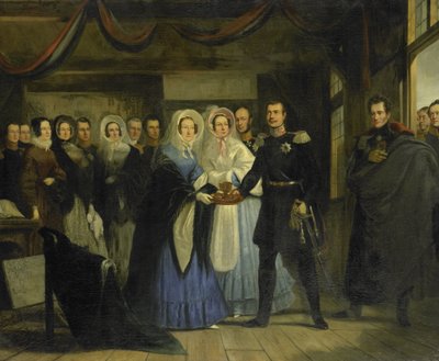 Prinsessen av Oransje mottar Alexander II (1818-1881), storhertug og arving til Russlands trone, i tsar Peters hus i Zaandam, 17. april 1839 av Christiaan Julius Lodewijk Portman