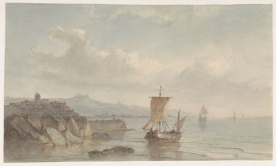 Kystlandskap med havn og skip på vannet av Christiaan Lodewijk Willem Dreibholtz