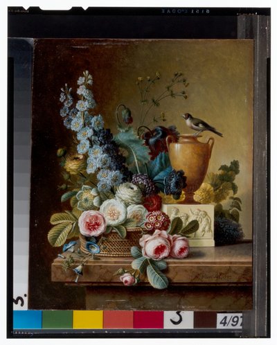 En vase med blomster på en marmorhylle og en kurv med blomster med en gullfink av Christiaan van Pol
