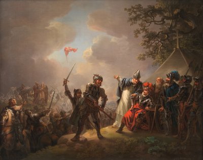 Legenden om det danske flagget. Dannebrog faller ned fra himmelen under slaget ved Lyndanise, 18 av Christian August Lorentzen