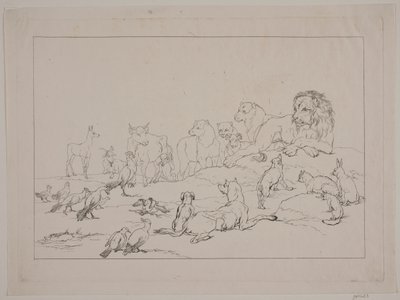 Samlingen av dyrene. Illustrasjon for "Reinike Fuchs" av Christian David Gebauer