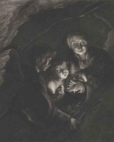 Nattscene i en hule med en gammel kvinne som holder brennende kull i en gryte, en gutt blåser..., ca. 1750-57 av Christian Friedrich Boëtius