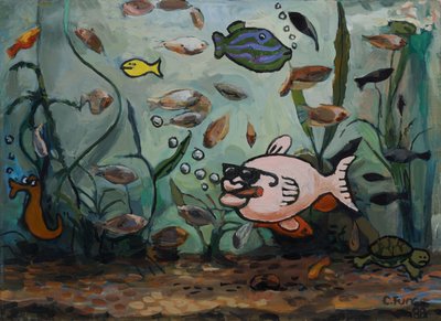 Stor rosa fisk i fiskeverdenen 1988 (olje på lerret) av Christian Furr