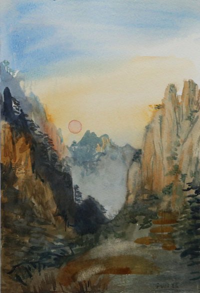 Rosa sol - Gule fjell, 2015 (akvarell på papir) av Christian Furr